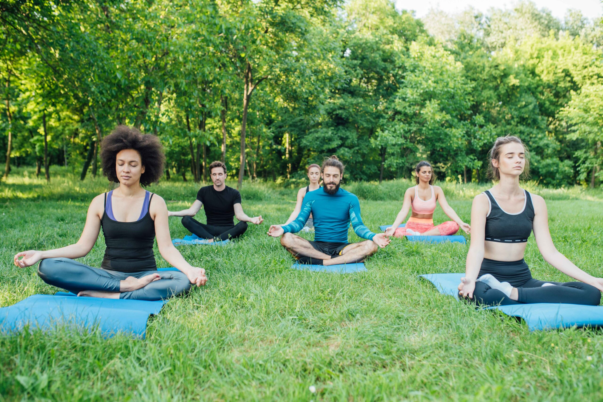 Professional group meditating outside